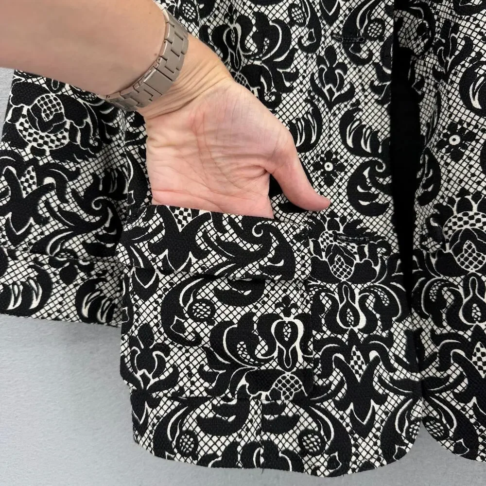 Talbots NEW Petite Black White Cotton Damask Blazer Professional Work Jacket